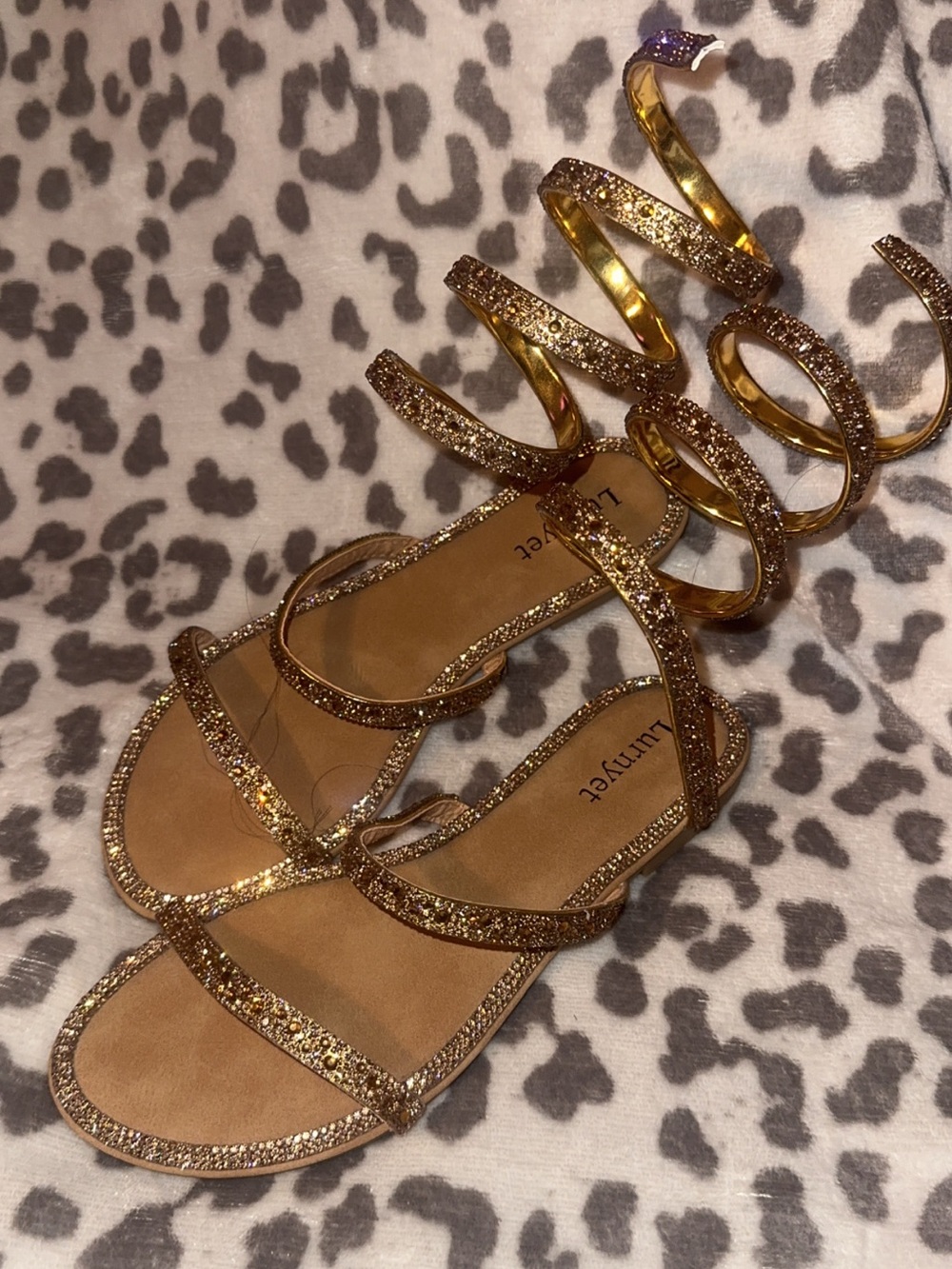 Lumiere Rose Gold Spiral Gladiator Sandals with Glitter Straps